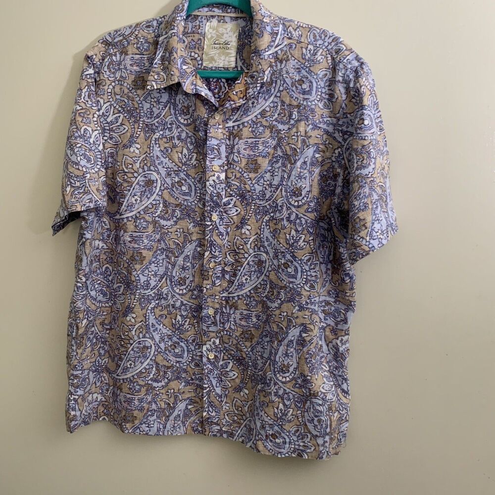 Tasso Ella island Men’s Short‎ Sleeves Buttoned Up Linen Blend Blue Paisley Xl